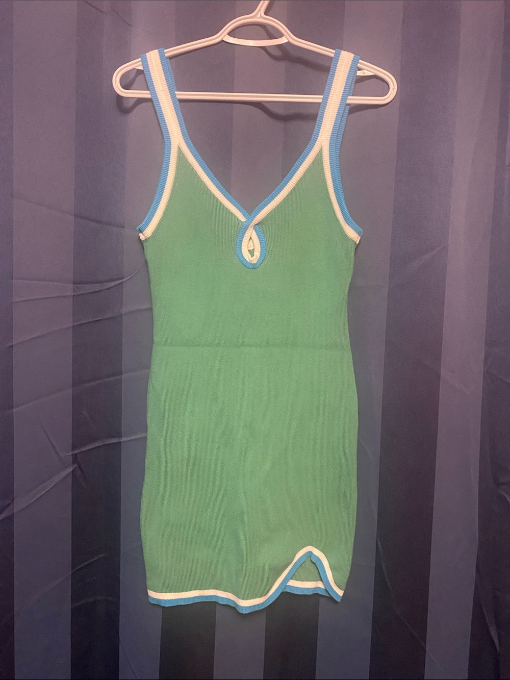 Green Knit Tank Mini Dress with Blue & White Trim